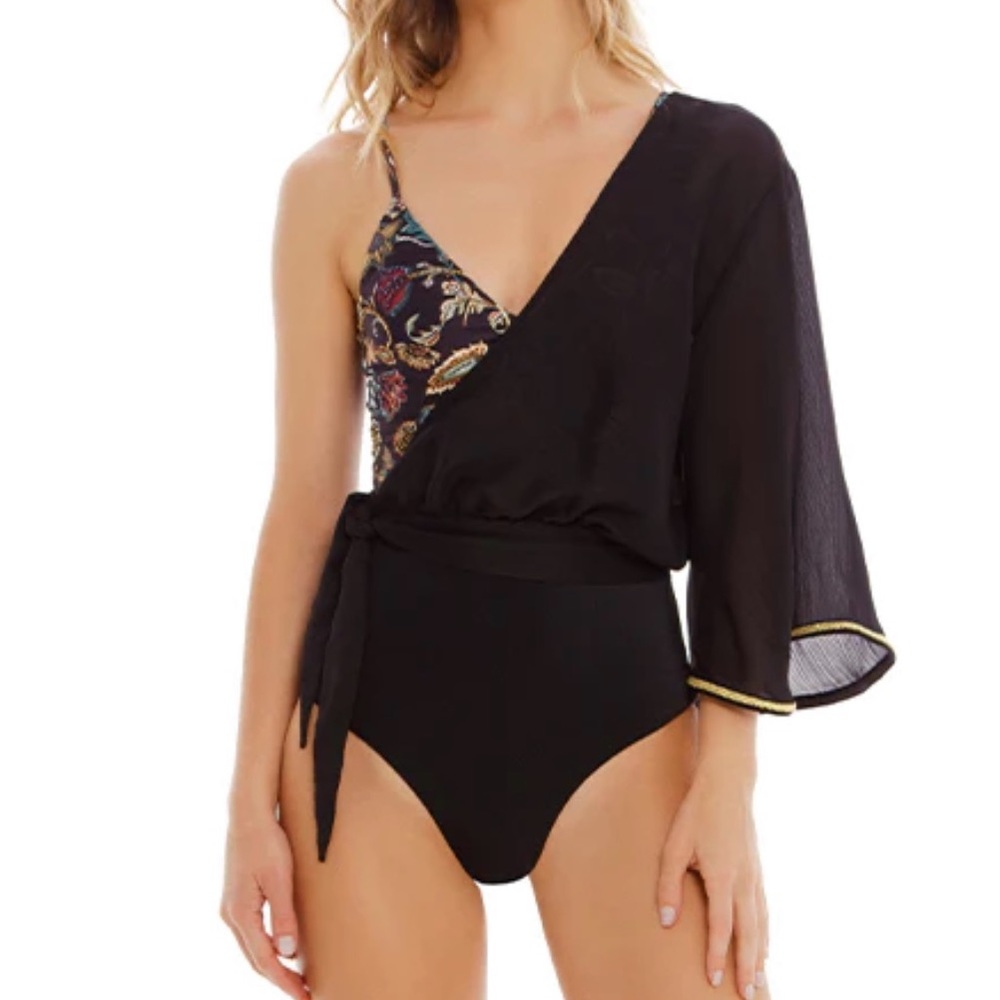 Cosita Linda LOVE BLACK ASYMMETRICAL ONE PIECE bathing suit W/ CHIFFON SLEEVE
